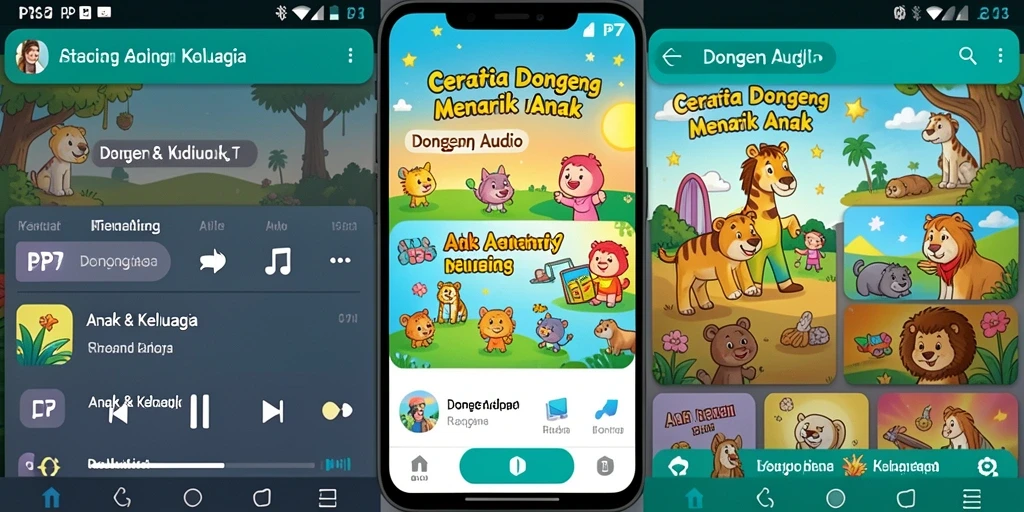 Tampilan antarmuka PP7 dengan berbagai pilihan cerita dongeng audio.