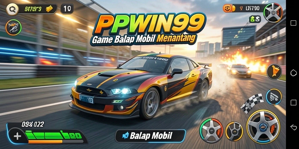 Tampilan antarmuka PPWIN99 dengan berbagai mobil dan trek balapan yang memukau.